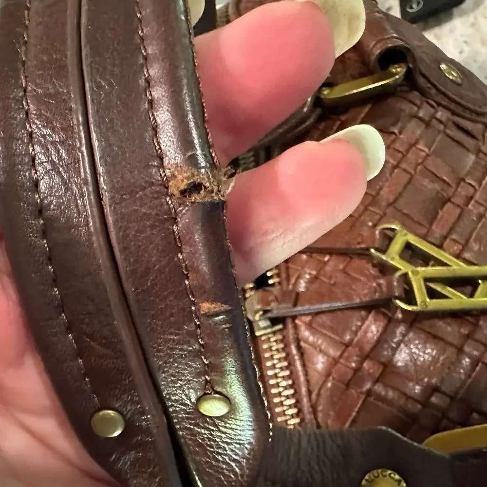Elliot Lucca Brown Leather Satchel Y2K Woven Detail Top Handle Bag